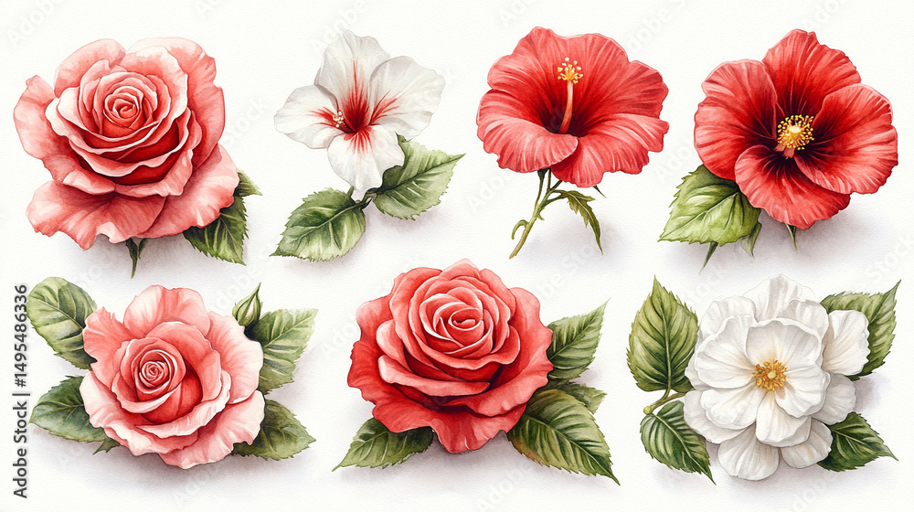 Fototapeta premium Elegant watercolor botanical illustration of assorted flowers and leaves, including roses, ranunculus, hibiscus, hyacinth, chrysanthemum, and palm leaf. Hand-painted style on a white background.