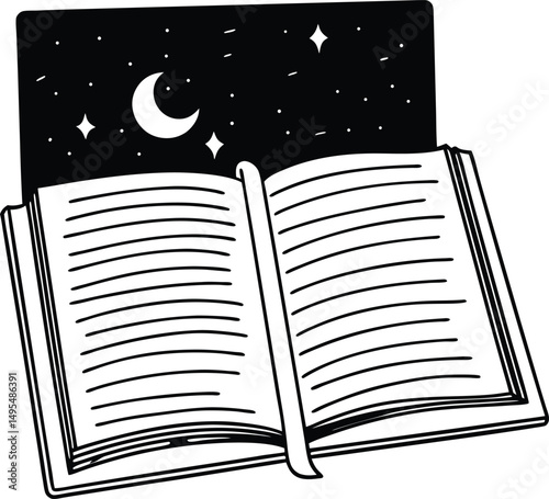 Open Book's Nocturne: An open book with night sky and stars, set in a serene nocturnal scene, filled with the glow of the crescent moon and stars.