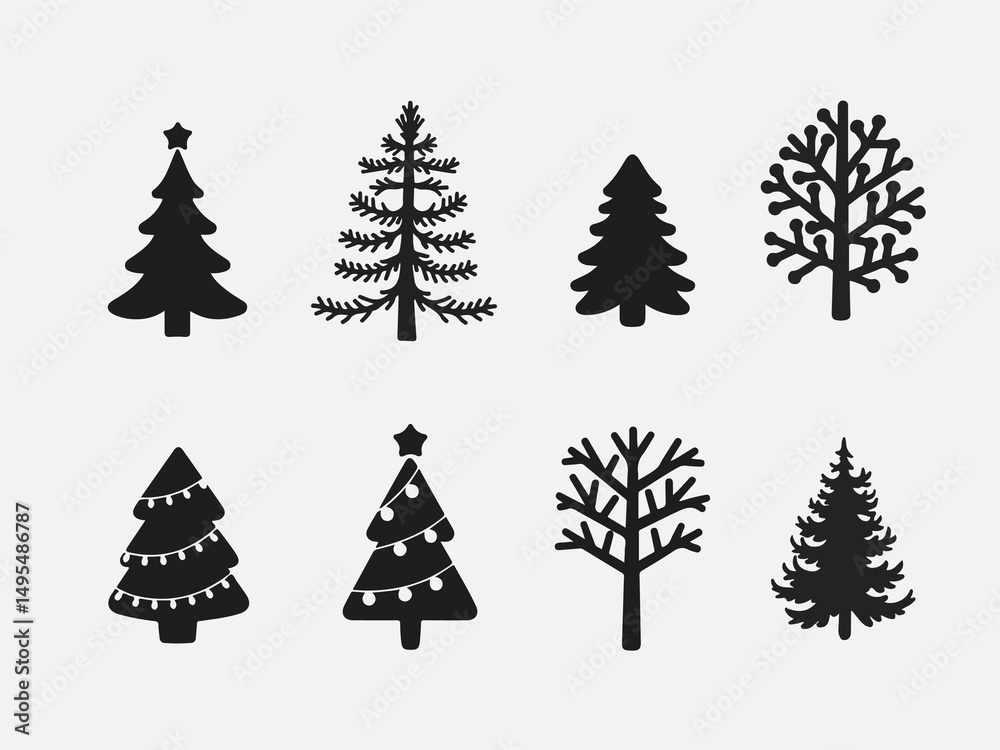 Obraz premium Collection of six unique black Christmas tree silhouettes with stars and decorations