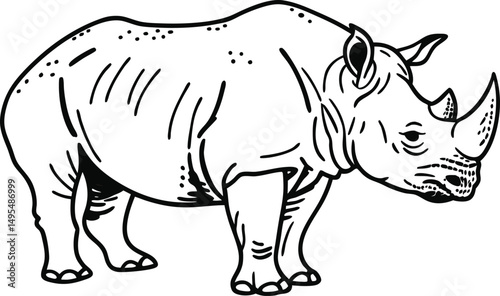 Majestic Rhino in Profile: A detailed black and white illustration of a rhinoceros. This image captures the animal's powerful presence, emphasizing its horn and textured hide. 