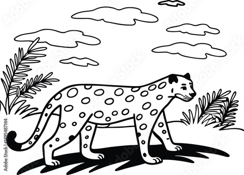 Leopard in the Wild: A powerful leopard gracefully strides through its natural habitat, the savanna, under a sky dotted with clouds, a testament to the untamed beauty of the wild.