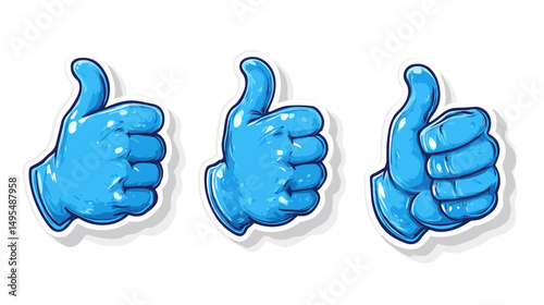 Three Blue Thumbs Up Hand Gestures Symbolizing Approval and Positivity in Bright Colors