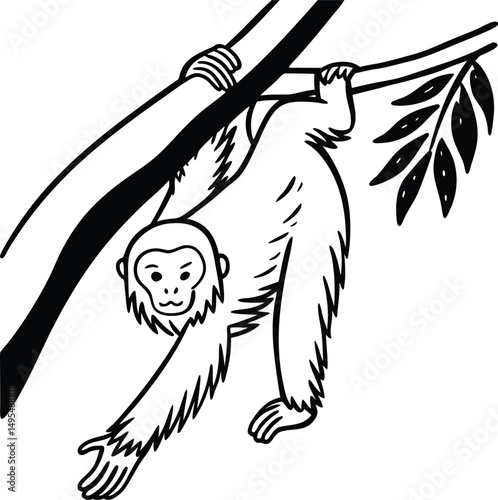 Monkey on Tree: An illustration of a charming monkey gracefully hanging from a tree branch, its furry form exuding a playful yet serene presence in its arboreal habitat.