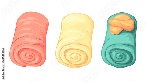 Three Colorful Rolled Blankets in Soft Pastel Shades for Cozy Home Decor and Comfort