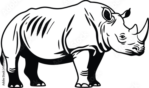 Robust Rhino Silhouette: A striking black and white illustration captures the imposing form of a rhinoceros, highlighting its strength, resilience, and unique horn.