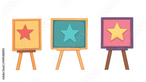 Three Colorful Star Frames Displayed on Wooden Easels in an Artistic Presentation