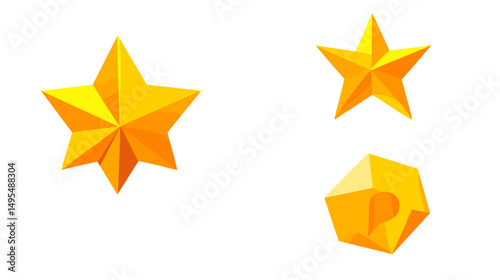 Three Dimensional Yellow Geometric Stars with Smooth Edges and Glossy Finish on White Background