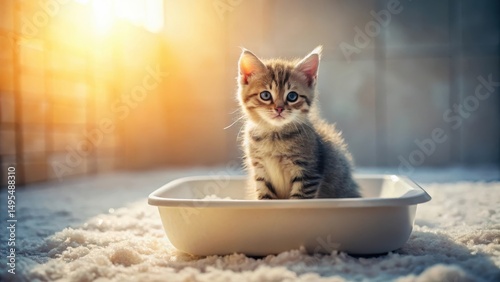 A tiny kitten sits patiently inside a clean litter box, bathed in warm sunlight, a symbol of feline domesticity and hygiene