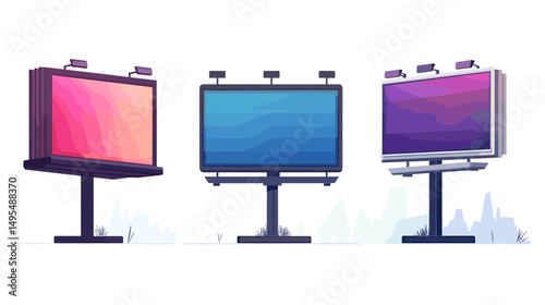 Three Distinct Digital Billboards with Vibrant Colors Displaying Blank Ads in an Urban Setting
