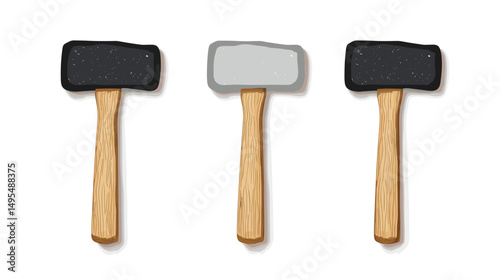 Three Distinct Hammers with Wooden Handles Displayed against a Plain Background in a Workshop Setting