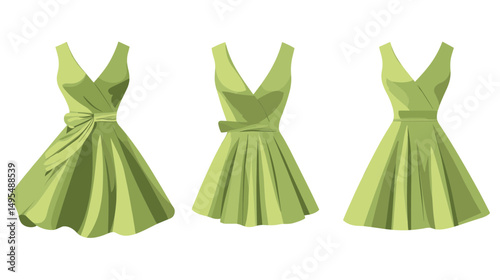 Three Elegant Green Dresses Featuring Flowy Skirts and Stylish Sleeveless Designs