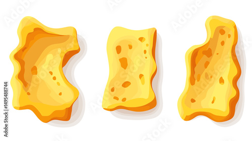 Three Irregularly Shaped Golden Crispy Snack Pieces with Distinct Textures on White Background