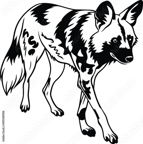 African Wild Dog Silhouette: A striking silhouette of an African wild dog showcases its unique spotted coat, captured in a bold, minimalist design suitable for graphic resource use.