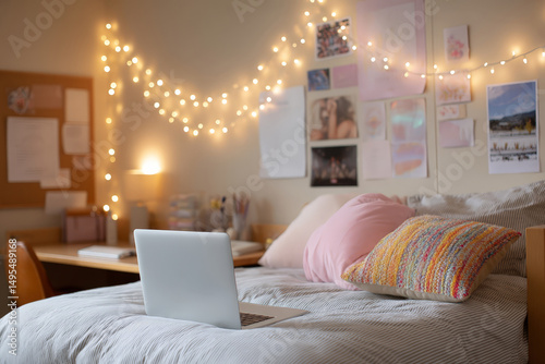 Cozy college dorm room with laptop on bed and warm string lights