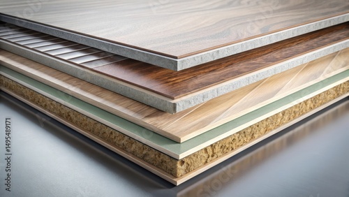 Layered Composite Material Cross-Section Displaying Various Textures and Finishes for Construction and Design Applications