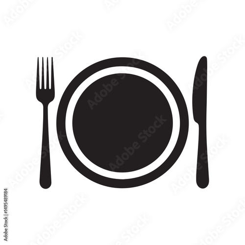 Cutlery silhouettes vector. Plate, fork, and knife icons isolated on white background