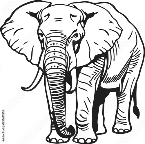 Elephant illustration: A striking illustration of an elephant, with a focus on its detailed features and grand size, offering a strong graphic depiction of a majestic creature.