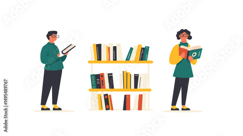 Two Young Adults Engaged in Reading and Learning at a Bookshelf in a Minimalist Setting