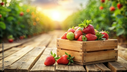 A Rustic Wooden Crate Overflowing with Freshly Picked Strawberries in a Sunny Strawberry Field