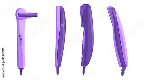 Various angles of a modern purple hair dryer showcasing sleek design and technological features