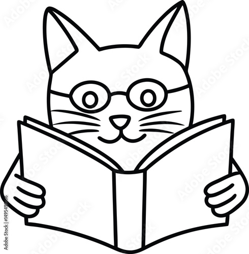 A smart cartoon cat wearing glasses reading a book vector illustration in black and white outline