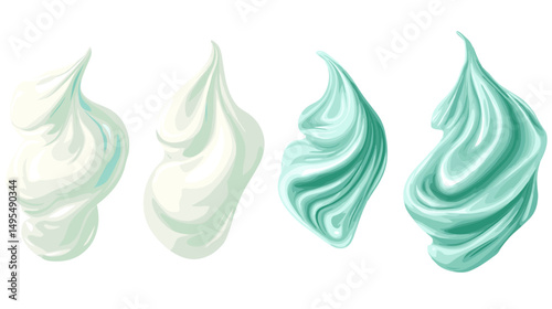 Various Whipped Cream Textures in Shades of White and Mint Green on a White Background