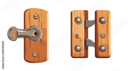 Wooden Lock and Hinge Mechanism for Door Security with Metal Fastening Elements