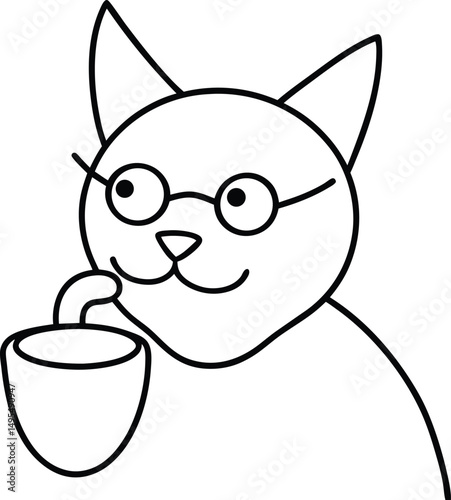Adorable cartoon cat wearing glasses holding a cup in black and white line art style