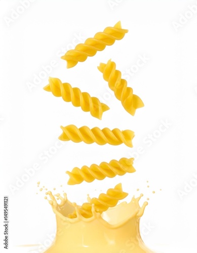 Flying rigatoni pasta with cheese and cream splash on white background