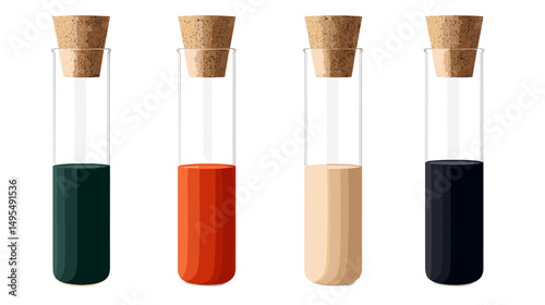 Set of Colorful Test Tubes with Cork Stoppers Holding Various Liquids in a Laboratory Setting