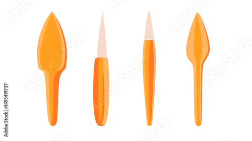 Set of Four Bright Orange Gardening Tools Including Trowel and Spades for Planting and Digging