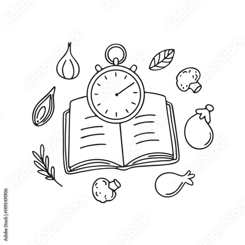 A timer placed near an open recipe book surrounding ingredients
