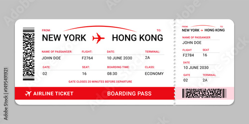 Boarding pass template. Airline boarding pass ticket isolated on white background.  Realistic air plane ticket, Vector illustration