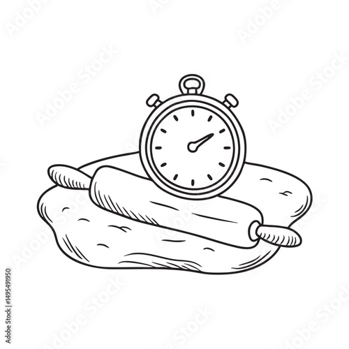 A timer resting beside a rolling pin on a floured table
