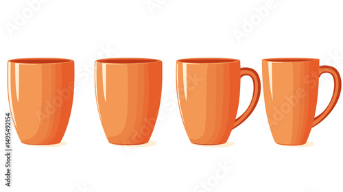Set of Four Orange Ceramic Mugs for Beverages on a Simple Background in Playful Illustration Style