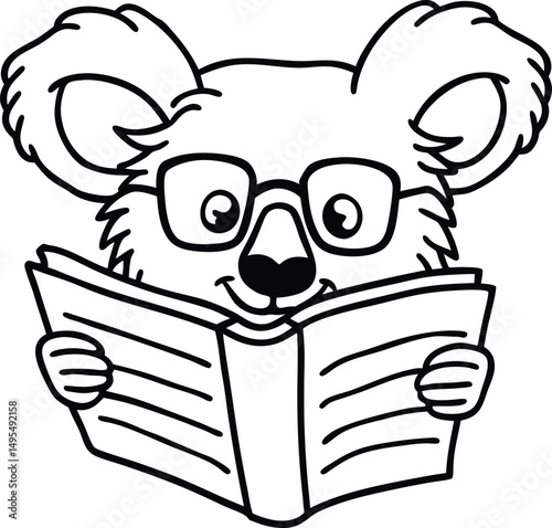 Adorable cartoon koala reading a book while wearing glasses education and learning concept