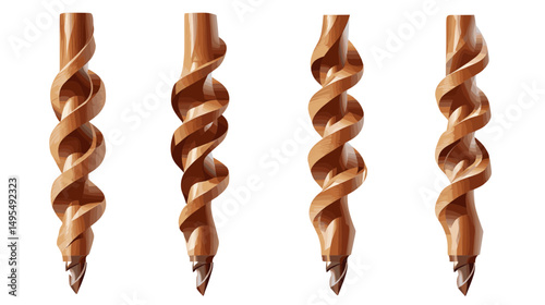 Set of Four Spiral Wooden Screws Designed for Mechanical and Craft Applications