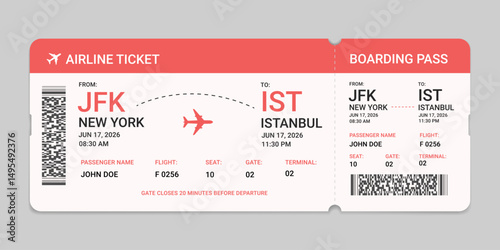 Realistic boarding pass plane ticket template. Flight boarding pass vector illustration. Blank airplane ticket isolated
