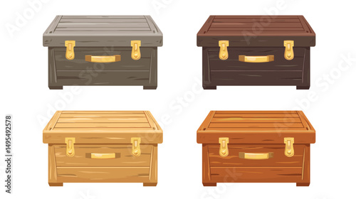 Set of Four Wooden Storage Boxes in Various Natural Colors with Gold Handles