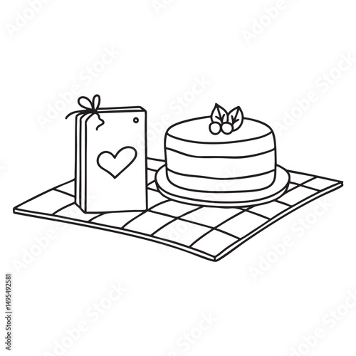 A tiramisu beside a gift note on a tablecloth