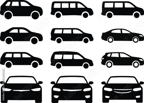 Collection of twelve black car silhouettes front, side, and rear views in vector style. Car auto vehicle transport silhouette type design.