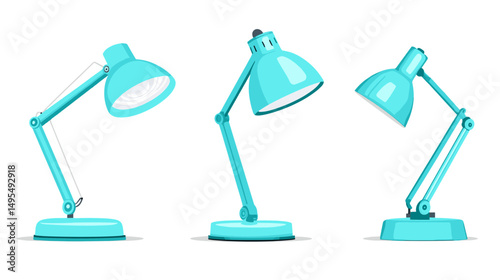 Set of Three Adjustable Blue Desk Lamps in Different Angles and Positions for Stylish Work Environment