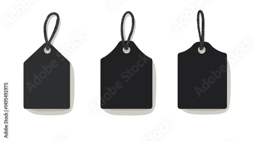 Set of Three Blanks Black Price Tags for Sale Items on a White Background with Simple Design