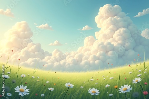 Dreamy and whimsical landscape featuring a field of daisies beneath a vast blue sky and fluffy clouds.