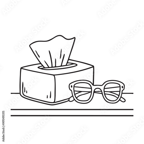 A tissue box beside a pair of glasses on a nightstand table