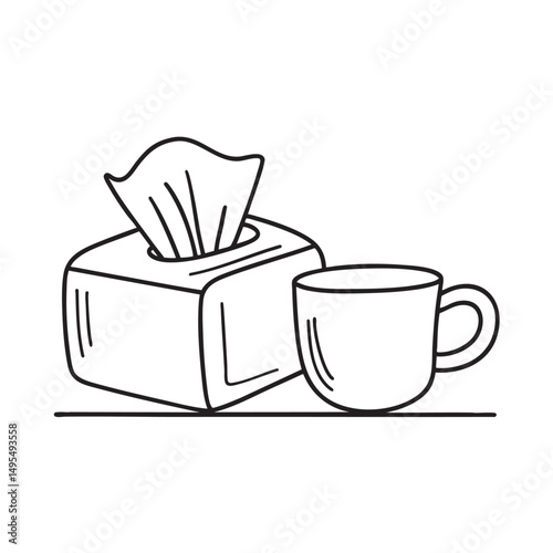 A tissue box crumpled beside a used teacup on a desk