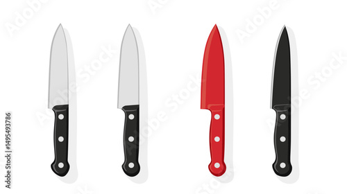 Set of Three Kitchen Knives Including Black, Red, and Silver Blades for Food Preparation