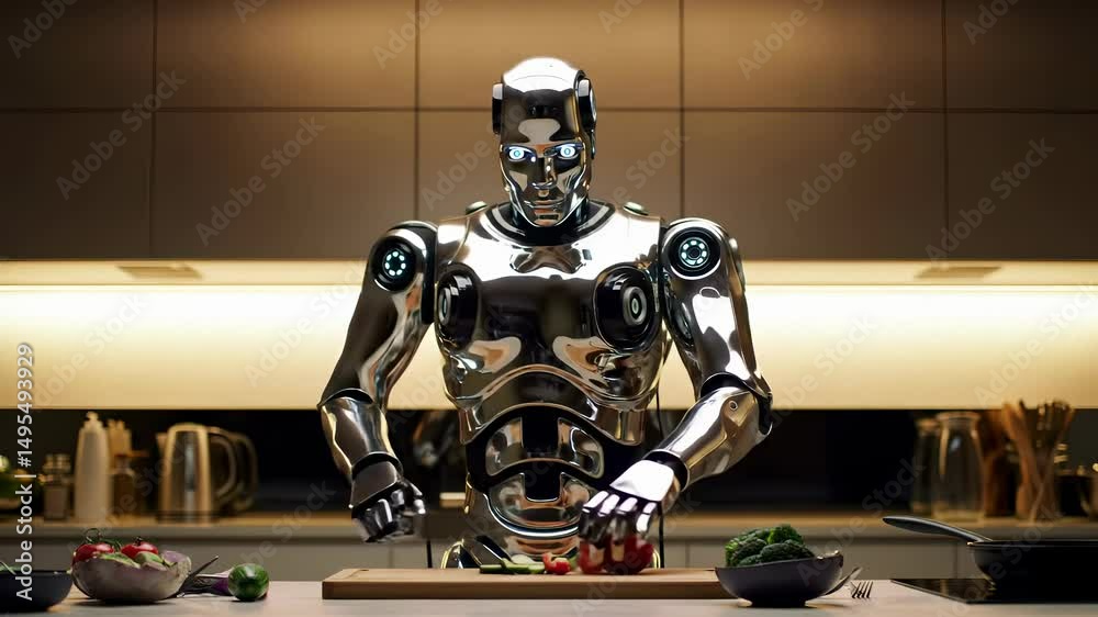 Futuristic Robot Chef Preparing Vegetables in Modern Kitchen Setting                                                      