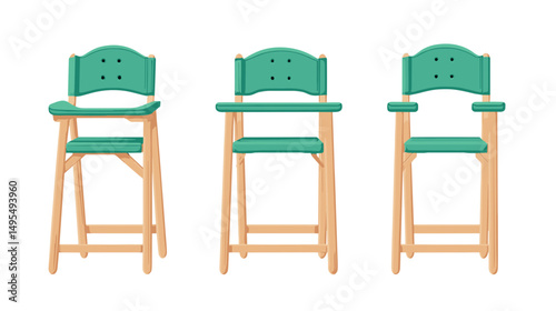 Set of Three Modern Wooden Highchairs with Green Seats for Children in Bright Kitchen Environment