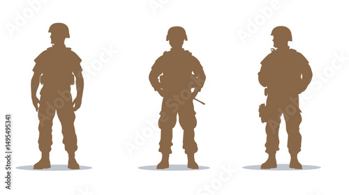 Silhouette Illustration of Three Soldiers in Uniform Standing in Stances of Courage and Duty